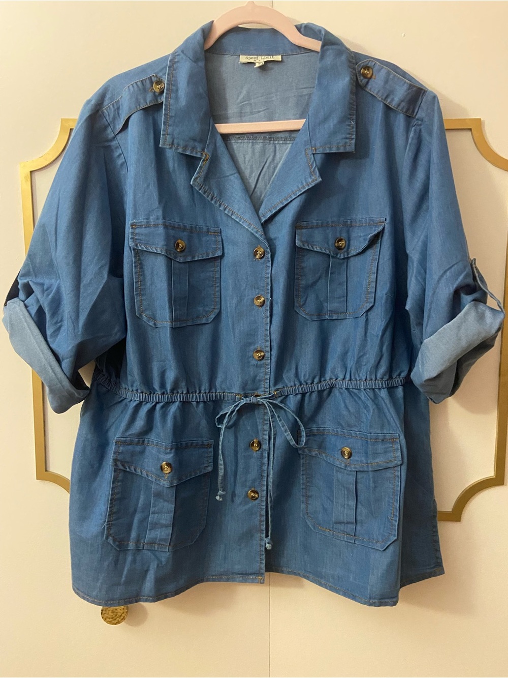 Casual Blue Drawstring Denim Jacket for Women